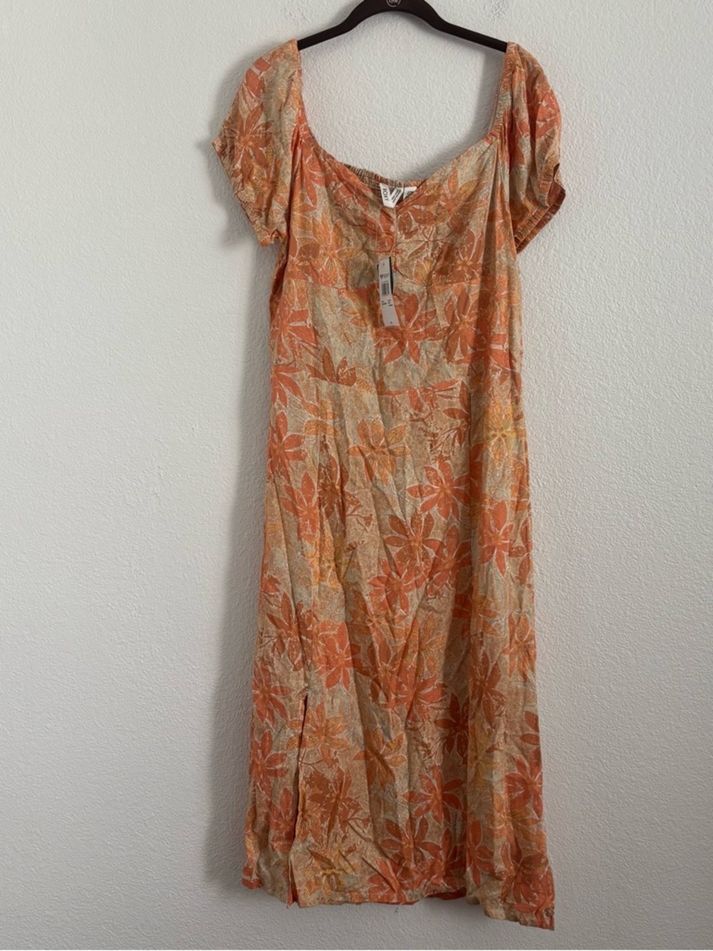NWT Roxy Women's Size XL Orange Floral Smocked Midi Dress